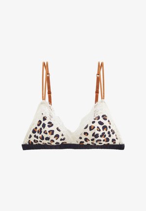 Soutien-gorge triangulaire en tissu imprimé léopard crème et noir, avec des finitions en dentelle et une bande unie noire. Bretelles ajustables marron pour un meilleur maintien.