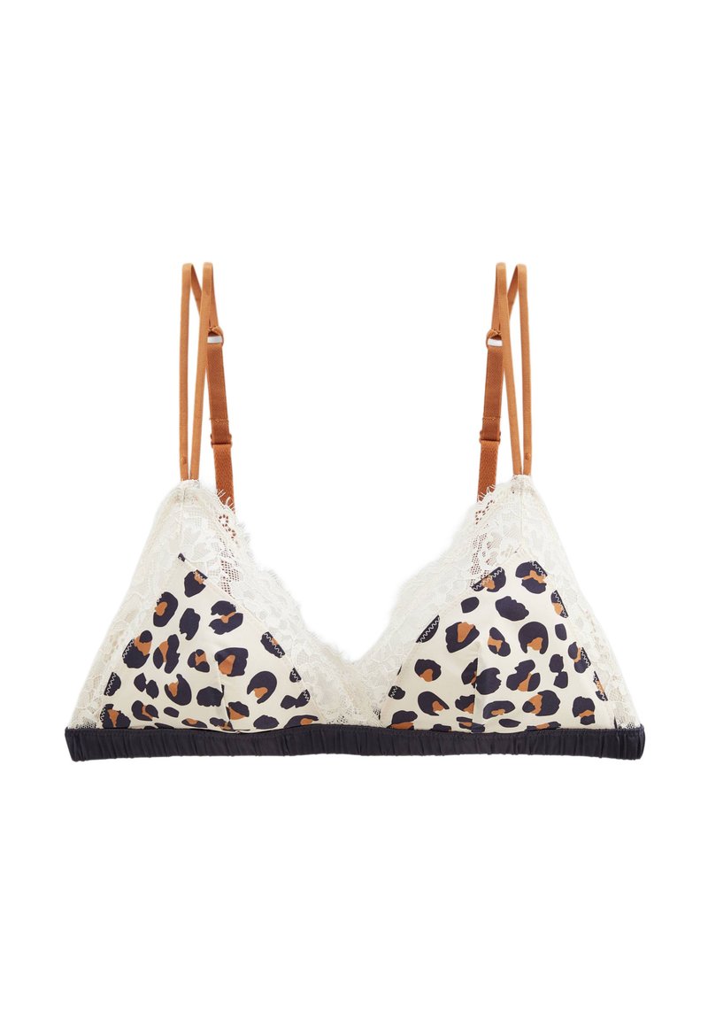 Soutien-gorge triangulaire en tissu imprimé léopard crème et noir, avec des finitions en dentelle et une bande unie noire. Bretelles ajustables marron pour un meilleur maintien.