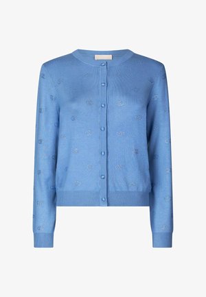 Cardigan azzurro chiaro realizzato in maglia, con scollatura rotonda, chiusura con bottoni e motivi circolari ricamati in tutto il capo.
