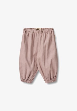 Pantaloni pallido rosa, con vita elastica, stile pallone e polsini arricciati. Realizzati in un tessuto morbido e texturizzato con sottili righe orizzontali.