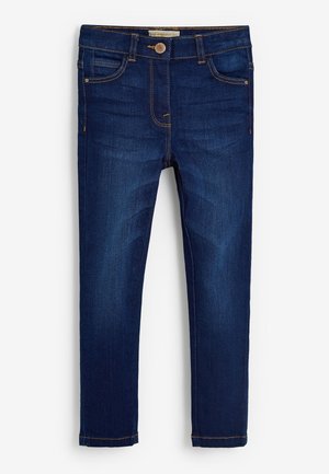 Jean slim bleu foncé avec poches avant, fermeture par bouton et coutures orange visibles sur fond blanc.