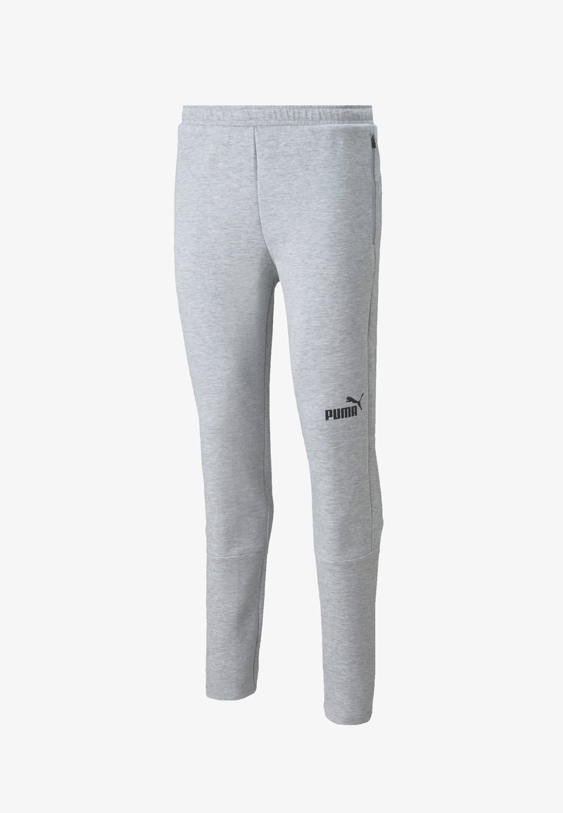 Hellegraue Sporthose aus weichem Material mit schmalem Schnitt. Verfügt über Seitentaschen und ein schwarzes Puma-Logo am linken Oberschenkel.