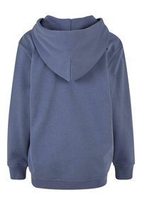 Felpa blu realizzata in morbido tessuto, con un grande cappuccio, polsini a coste e orlo. Il retro è semplice, senza alcun motivo o decorazione.