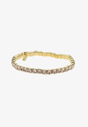 Gold-tone bracelet featuring square links with alternating light pink gems, reflecting a delicate and flexible design.