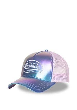 Casquette camionneur Von Dutch California irisée bleue et violette avec dos en mesh et visière incurvée, vue en angle sur fond blanc.