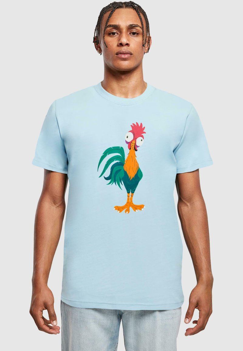 Lichtblauw katoenen T-shirt met een kleurrijke cartoonhaan opdruk. Ronde hals, korte mouwen en een relaxte pasvorm met zichtbare stiksels.
