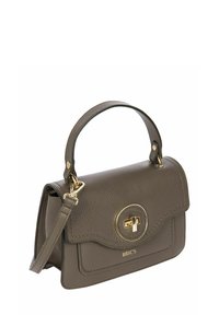 Sac à main en cuir gris avec un design structuré, une poignée supérieure, une sangle détachable, des accessoires en ton doré et un logo embossé à l'avant.