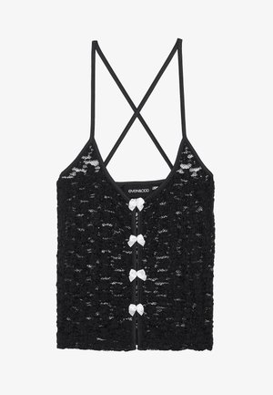 Fekete csipkés pántos top, keresztbe futó pántokkal, gombos elülső résszel, négy fehér masnival és puha, texturált anyaggal.