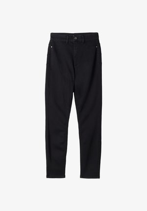 Schwarze Jeans aus Denim, mit schlankem Schnitt, klassischer Fünf-Taschen-Design und Knopfverschluss. Glatte Textur mit sauberem Finish.