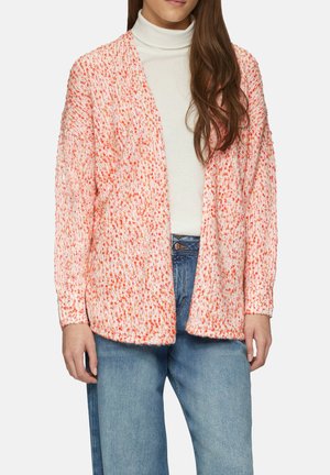 Strickjacke mit lockerer Passform, strukturiertem Stoff mit weißem Grund und verstreuten orangen Sprenkeln. Offene Vorderseite und lange Ärmel.