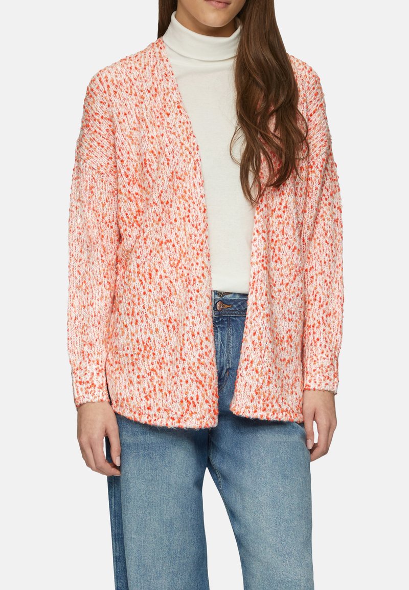 Strickjacke mit lockerer Passform, strukturiertem Stoff mit weißem Grund und verstreuten orangen Sprenkeln. Offene Vorderseite und lange Ärmel.