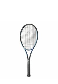 Black and blue tennis racket with a round head, open string pattern, and a textured black grip. Lightweight frame design for performance.