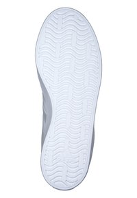 Weiße Gummisohle mit Wellenmuster und Rillen-Details. Verfügt über ein Logo an der Ferse und ein abgerundetes Zehendesign. Strukturiert für besseren Grip.