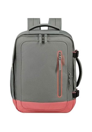 Zaino rettangolare grigio e rosa con più scomparti con cerniera e spallacci imbottiti.