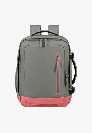 Zaino rettangolare grigio e rosa con più scomparti con cerniera e spallacci imbottiti.