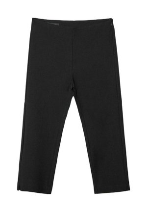 Black straight-leg trousers with a side zipper, ankle-length and simple design, laid flat on a white background.