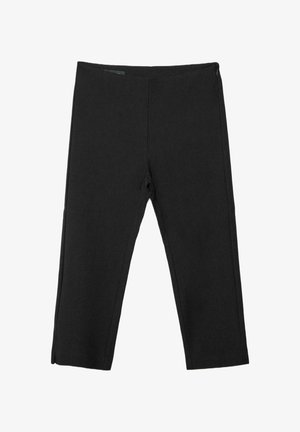 Black straight-leg trousers with a side zipper, ankle-length and simple design, laid flat on a white background.