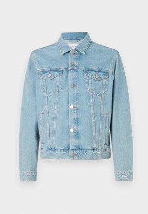 Light blue denim jacket with a classic collar, front patch pockets, buttoned closure, and subtle faded texture.