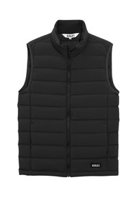 Gilet matelassé noir avec col monté, fermeture éclair sur toute la longueur et patch logo. Texture lisse avec un design de quilting vertical. Sans manches.