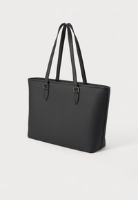 Zwarte totebag gemaakt van glad synthetisch materiaal, met twee bovenhandvatten en een rechthoekige vorm. Minimalistisch ontwerp zonder zichtbare hardware.