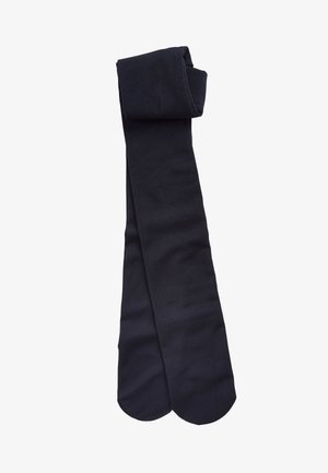 Collant neri di cotone, texture liscia, con vita ripiegata. Forma lunga e dritta, materiale flessibile, senza motivi né dettagli.