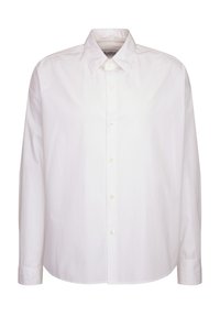 Camicia bianca a maniche lunghe con bottoni, realizzata in cotone, dotata di colletto a punta, polsini standard e orlo dritto. Design minimalista, senza fantasie.