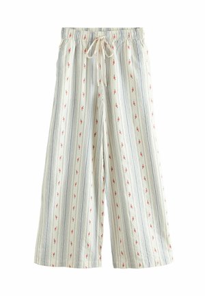 Lightweight cotton culotte pants with blue vertical stripes and small red floral patterns. Elastic waistband with a drawstring for adjustment.