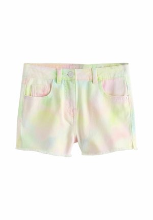 Pastel tie-dye denim shorts with belt loops, front button, zipper, and two front pockets on a white background.