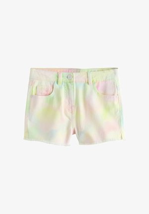 Pastel tie-dye spijkershorts met riemlussen, knoop aan de voorkant, rits en twee voorkanten zakken op een witte achtergrond.