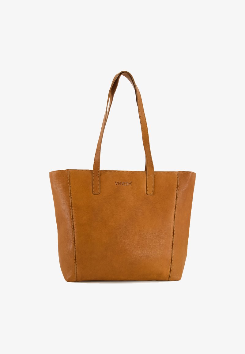 Torebka tote w kolorze tan z dwoma ramiączkami, charakteryzująca się gładką teksturą oraz wytłoczonym słowem "VENEZIA" na froncie.