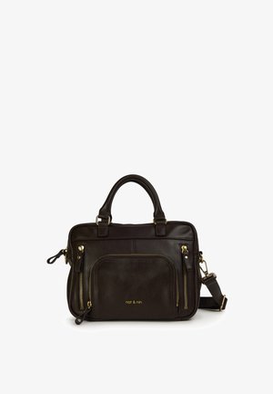 Black leather briefcase with dual handles, front zip pockets, gold-tone hardware, and a detachable shoulder strap, labeled "nat & nin."