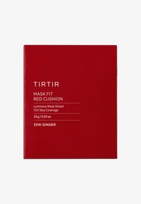 Red rectangular box with white text branding 'TIRTIR'. Text includes product details: "Mask Fit Red Cushion," weight, and shade '33W Ginger.'