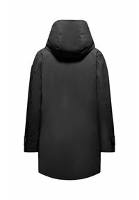 Parka nera impermeabile con cappuccio, caratterizzata da una superficie liscia, maniche lunghe e orlo arrotondato. Design minimalista senza hardware visibile.