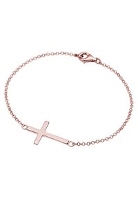 Rózsaarany karkötő, amelyen egy egyszerű, lapos keresztmedál található, finom láncon, homárkapoccsal rögzítve.