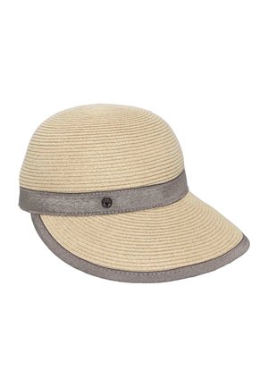 Beżowy pleciony kapelusz przeciwsłoneczny z szerokim, zakrzywionym rondem, szarą tkaninową lamówką wokół ronda i podstawy oraz małym, okrągłym metalowym logo na opasce.