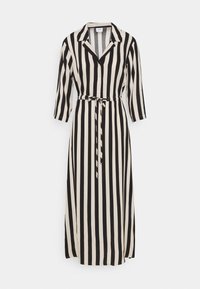 Robe longue à rayures noires et crème, avec un devant à boutons, un col, des manches 3/4 et une taille ceinturée pour un ajustement réglable.