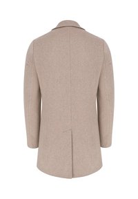 Beżowy wełniany płaszcz o zdefiniowanym kroju, z wyciętym kołnierzem i rozcięciem z tyłu. Posiada długie rękawy i czyste linie, tworzące elegancki wygląd.