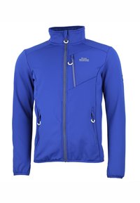 Blauwe softshelljas met hoge kraag, ritssluitingen aan de voorkant, twee zijzakken en een diagonale borstzak. Heeft een strakke, gladde textuur.