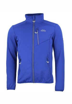 Blå softshell-jakke med høj krave, lynlås foran, to sidelommer og skrå brystlomme. Har en glat, strømlinet tekstur.