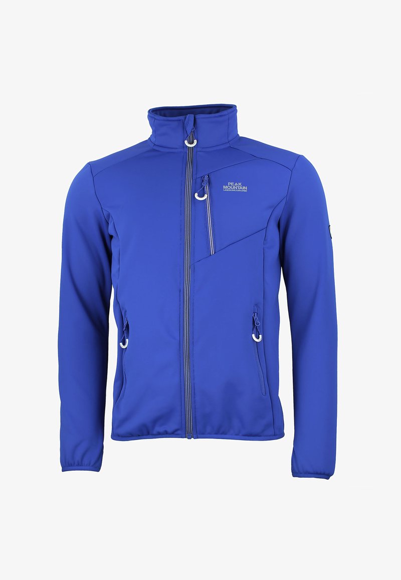Giacca softshell blu con colletto alto, chiusura frontale con zip, due tasche laterali e tasca diagonale sul petto. Presenta una texture elegante e liscia.