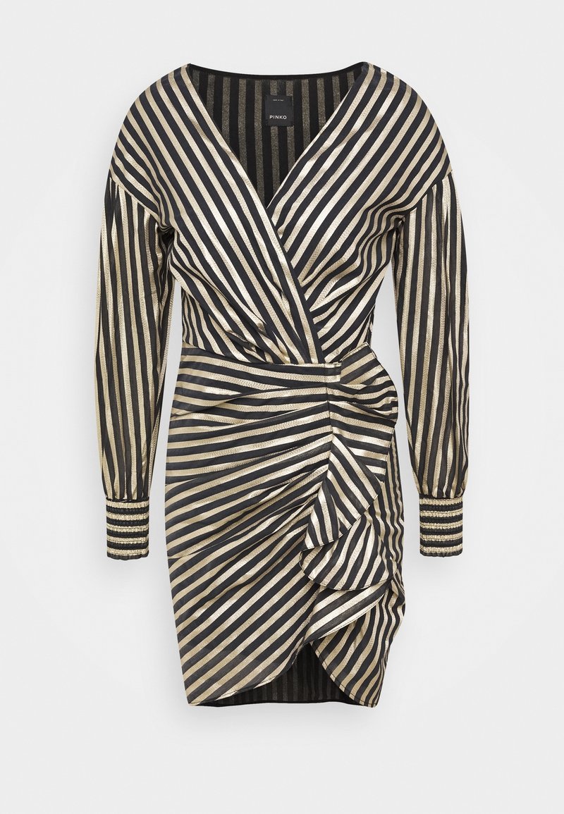 Robe portefeuille à manches longues rayée noire et dorée métallique, col en V, taille froncée, détail volanté et poignets ajustés.