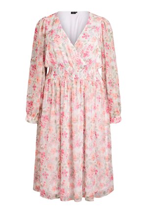 Sukienka midi z długim rękawem w różowo-brzoskwiniowy kwiatowy wzór, z dekoltem w serek i zakładanym przodem, z marszczoną elastyczną talią.