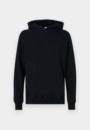 Schwarzer Baumwollhoodie mit einer Kängurutasche, langen Ärmeln und einer Kapuze mit Kordelzug. Rippenbündchen und -saum, strukturierter Stoff. Klassische Passform.
