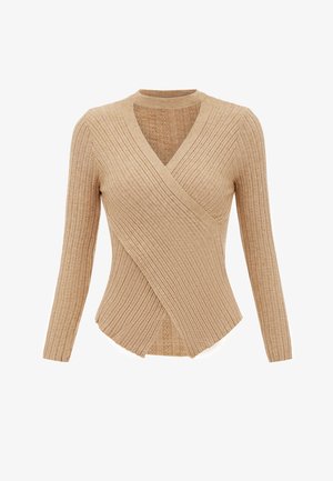 Beige gerippter Wickelpullover mit langen Ärmeln, einem tiefen V-Ausschnitt und strukturierten Mustern auf der Vorder- und Rückseite des Stoffs.