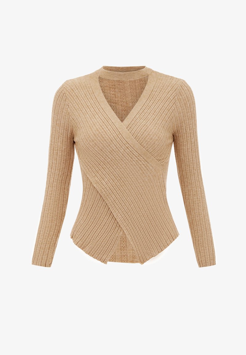 Beige gerippter Wickelpullover mit langen Ärmeln, einem tiefen V-Ausschnitt und strukturierten Mustern auf der Vorder- und Rückseite des Stoffs.
