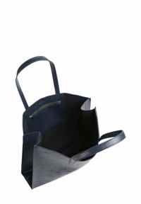 Borsa a tracolla in ecopelle blu navy con motivo a coccodrillo testurizzato, apertura superiore, due manici e tasca interna con cerniera.