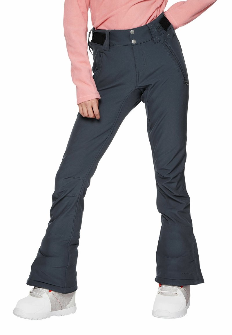 Graue Skihosen aus weichem, dehnbarem Stoff, mit hoher Taille, verstellbarem Bund und Reißverschlusstaschen. Ausgestellte Bein-Design.
