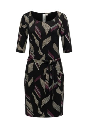 Schwarz Kleid mit Dreiviertelärmeln, das ein abstraktes Muster in Beige, Burgunderrot und Türkis aufweist. Es beinhaltet einen Taillengürtel für eine passgenaue Anpassung.