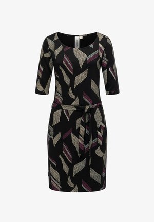 Robe noire à manches trois-quarts, avec un motif abstrait en beige, bordeaux et turquoise. Comprend une ceinture à la taille pour un ajustement.