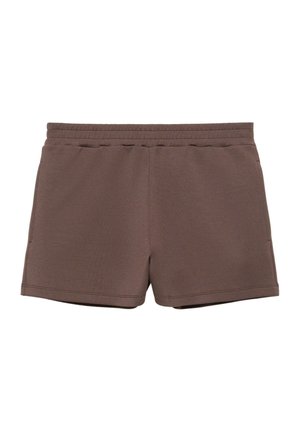 Brązowe casualowe szorty z elastycznym paskiem i bocznymi kieszeniami, pokazane na płasko na białym tle.